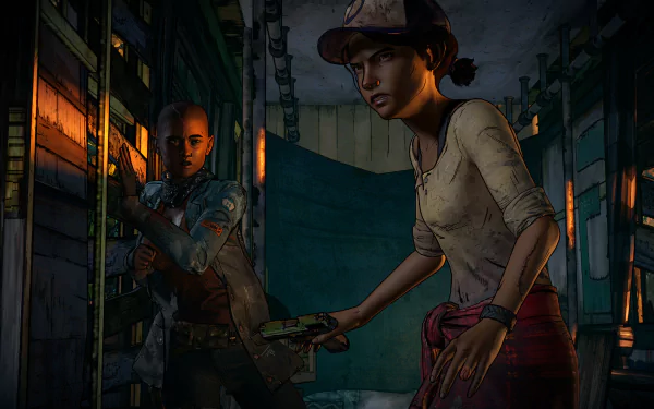 HD PC desktop wallpaper featuring Clementine and another character from The Walking Dead: A New Frontier video game, set in a dimly lit, tense environment.