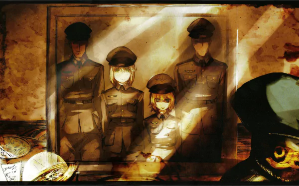 Anime-themed HD wallpaper featuring characters from The Saga of Tanya the Evil, depicting a somber scene with military figures in a vintage style.