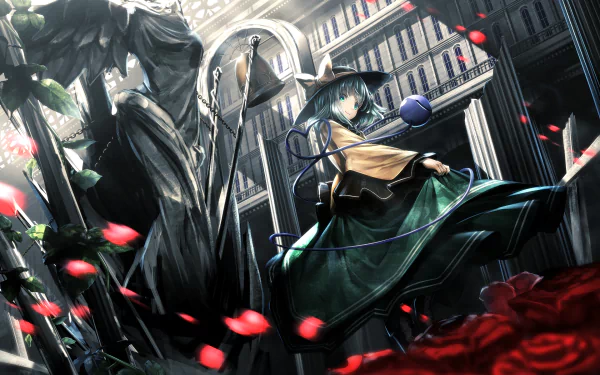 HD anime desktop wallpaper featuring Koishi Komeiji from Touhou, set in a dark, dramatic cityscape with swirling red petals and detailed shading.