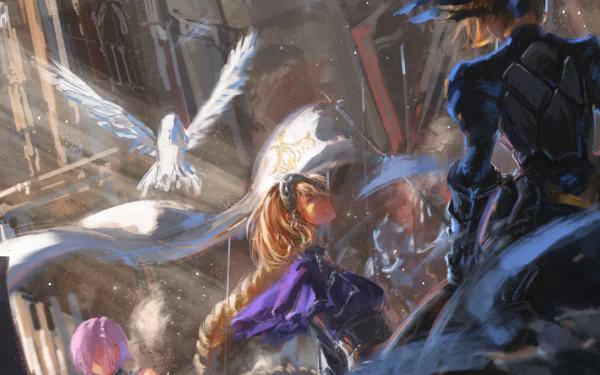 HD wallpaper featuring characters from the Fate series, including Jeanne d'Arc, Ruler, and Saber, in an anime-inspired scene with dynamic lighting and ethereal elements.