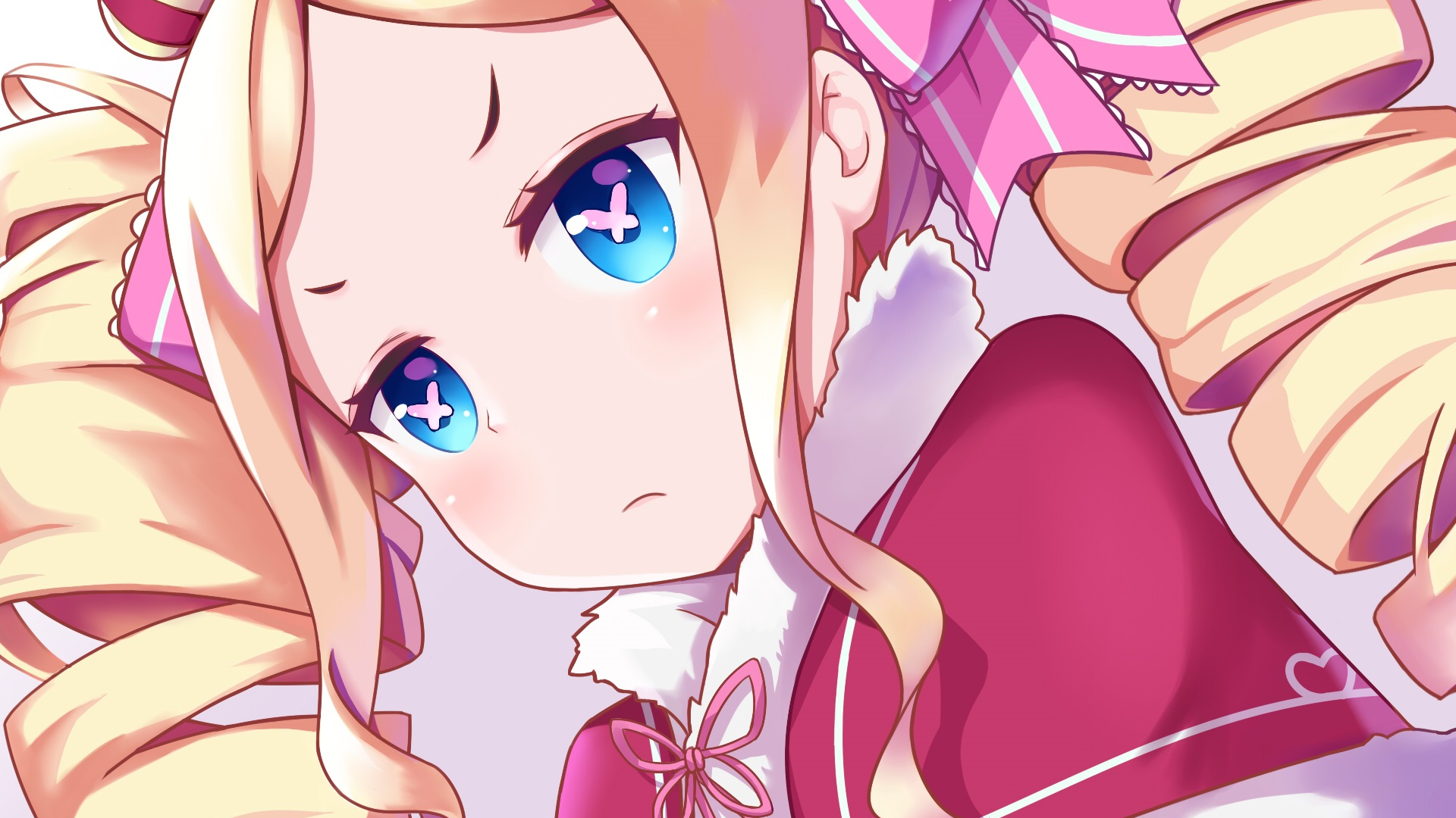 Close-up of Beatrice from Re:Zero - Starting Life in Another World, featured in an HD anime desktop wallpaper with detailed blue eyes and pink ribbons.