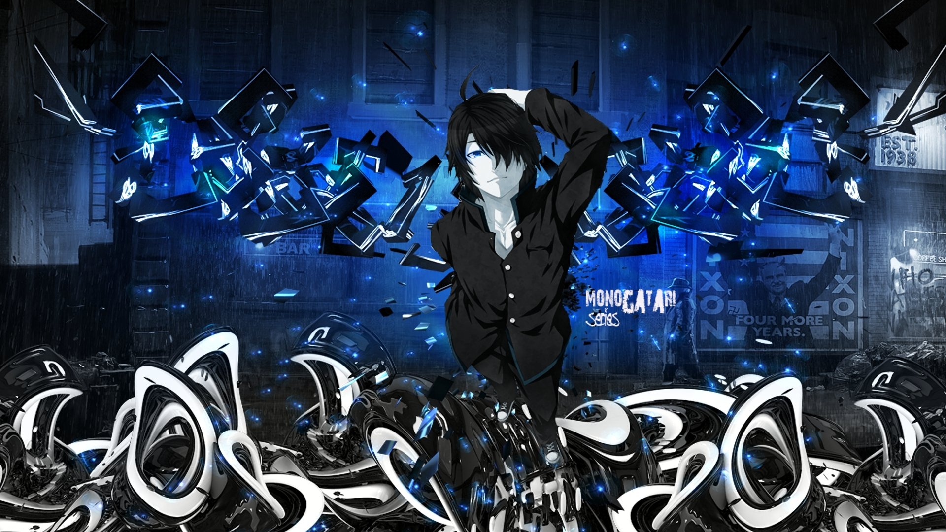 HD PC desktop wallpaper of Koyomi Araragi from Monogatari (Series), anime-style figure in a black shirt amid blue shards and swirling abstract white-black forms.