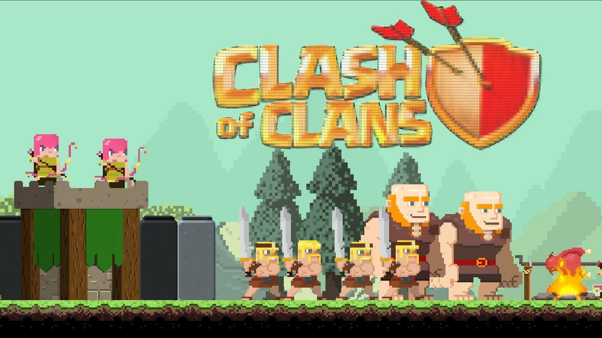 HD desktop wallpaper of Clash of Clans game featuring pixel-art style characters and logo on a forest backdrop.