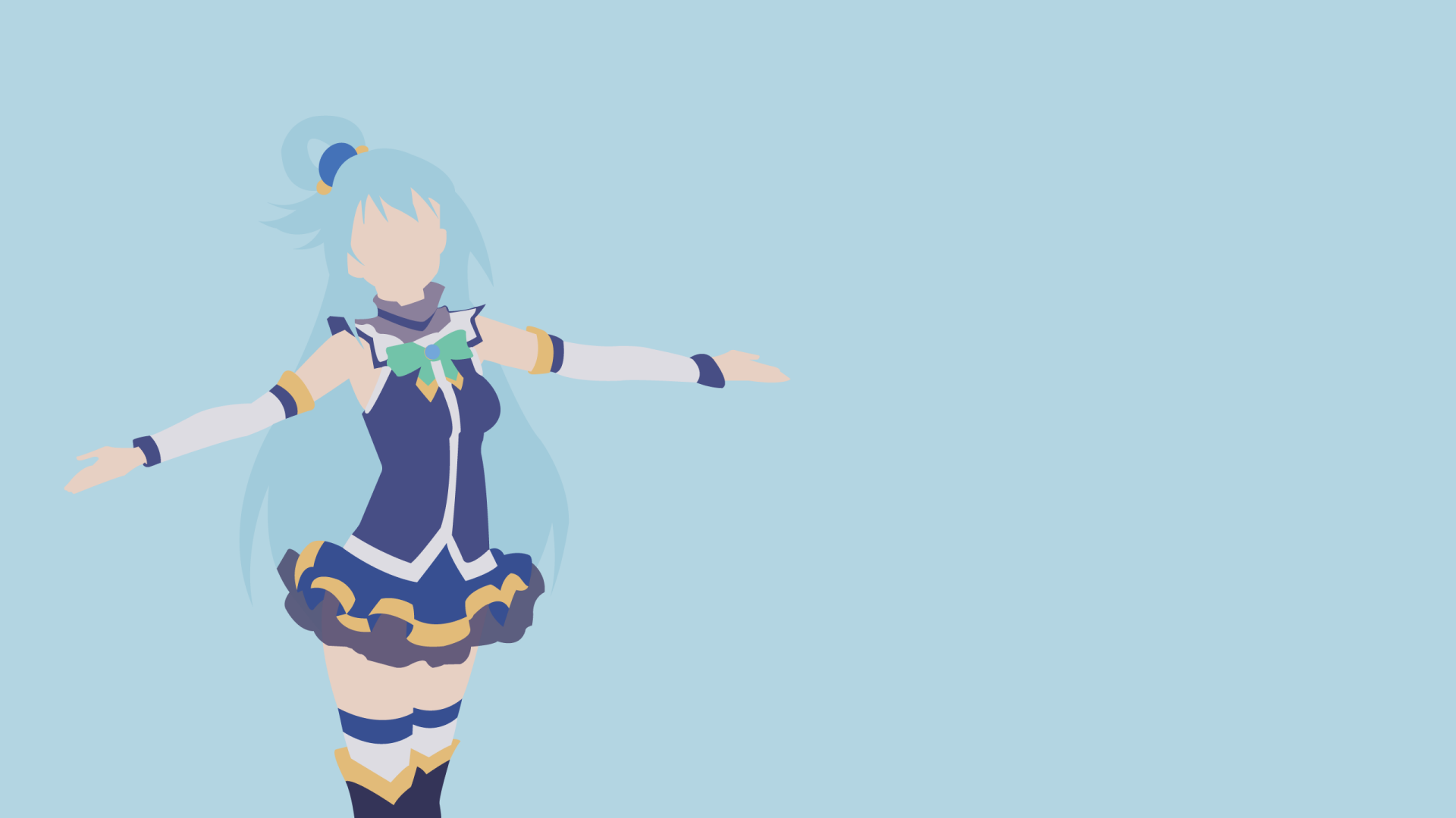 Minimalist HD PC desktop wallpaper featuring Aqua from the anime KonoSuba: God’s blessing on this wonderful world!! in a simplified, flat art style on a light blue background.