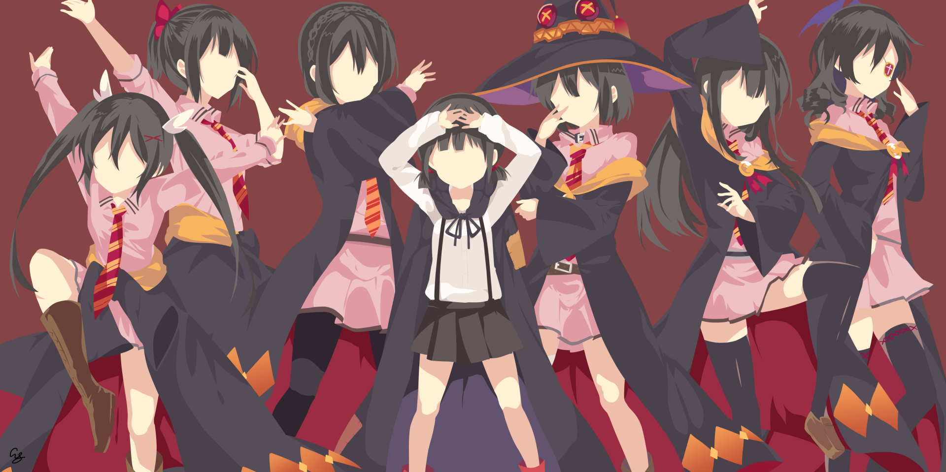 HD minimalist anime wallpaper featuring multiple stylized Megumin and Yunyun characters from KonoSuba - God’s blessing on this wonderful world!!