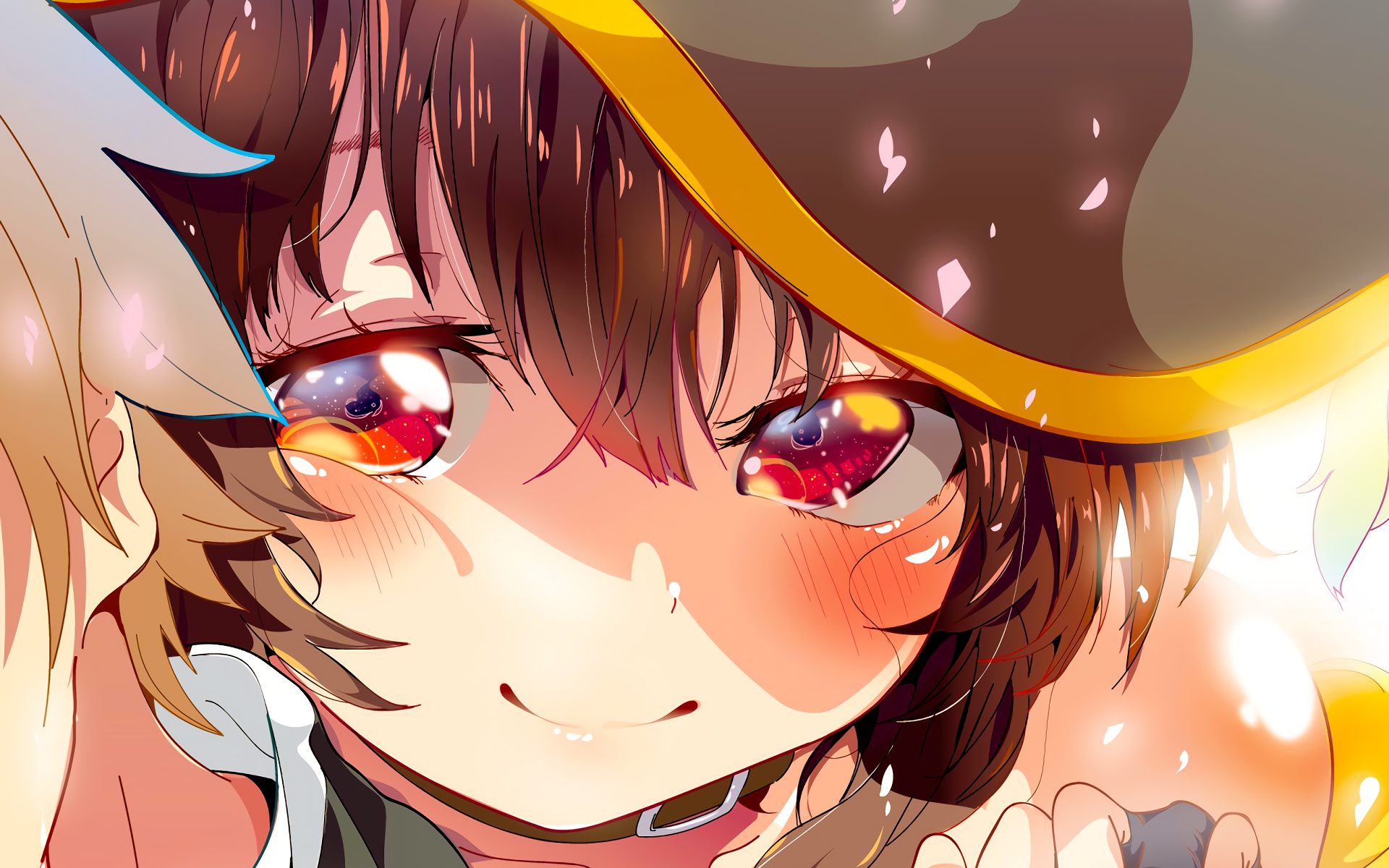 HD desktop wallpaper featuring Megumin from the anime KonoSuba - God’s Blessing on This Wonderful World!!. Megumin's close-up face with vibrant colors and expressive eyes captures her cheerful personality.