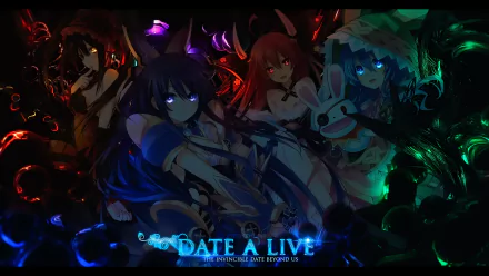 HD desktop wallpaper featuring Kurumi Tokisaki, Kotori Itsuka, Yoshino, and Tohka Yatogami from the anime Date A Live, beautifully illustrated against a dark, vibrant background.