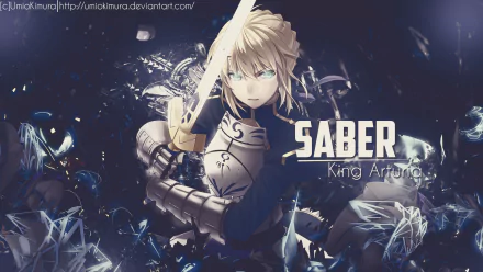 HD PC desktop wallpaper featuring Saber from the anime Fate/Stay Night, depicted in detailed armor wielding a glowing sword with dynamic shattered glass effects.