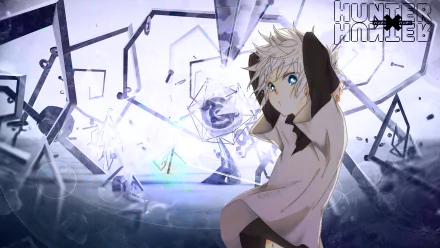 HD desktop wallpaper featuring Killua Zoldyck from the anime Hunter x Hunter, with an abstract background and the series logo in the corner.