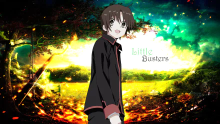 HD PC desktop wallpaper featuring an anime character from Little Busters! standing against a vibrant, fiery background.