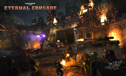HD desktop wallpaper of Warhammer 40,000: Eternal Crusade featuring intense battle scene and game logo.