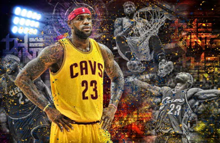 HD desktop wallpaper featuring a dynamic collage of LeBron James in a yellow Cavs jersey with action-packed basketball scenes in the background.