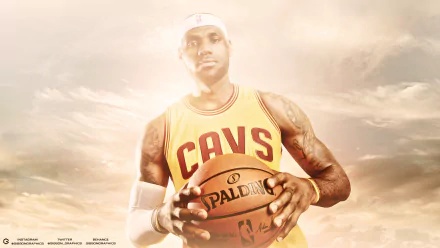 HD wallpaper featuring a basketball player in a yellow Cavs jersey holding a basketball against a dramatic sky background.