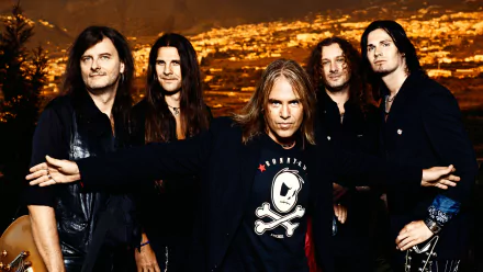 HD desktop wallpaper featuring the heavy metal and power metal band Helloween, with members posing confidently against a lit urban night backdrop.