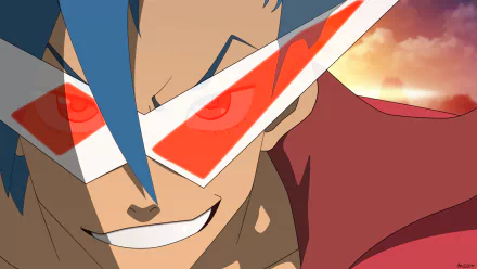 Close-up HD wallpaper of Kamina from the anime Tengen Toppa Gurren Lagann, featuring his iconic red glasses and confident smile against a colorful sky background.
