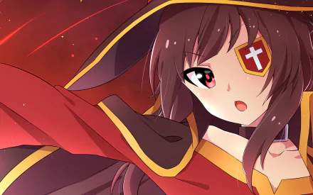 Megumin from KonoSuba strikes a dynamic pose in this vibrant HD wallpaper, showcasing her signature red outfit and determined expression against a fiery background.