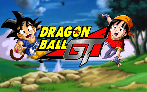 HD desktop wallpaper featuring Pan and Goku from Dragon Ball GT in an animated landscape background with the Dragon Ball GT logo prominently displayed.