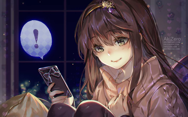 A captivating HD desktop wallpaper featuring a character from Mystic Messenger, smiling while holding a phone, set against a cozy nighttime backdrop.