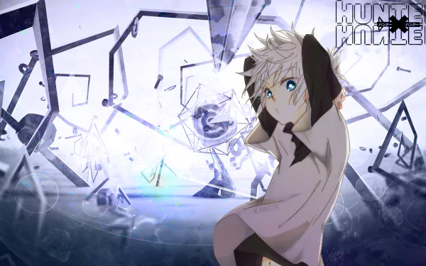 HD desktop wallpaper featuring Killua Zoldyck from the anime Hunter x Hunter, with an abstract background and the series logo in the corner.