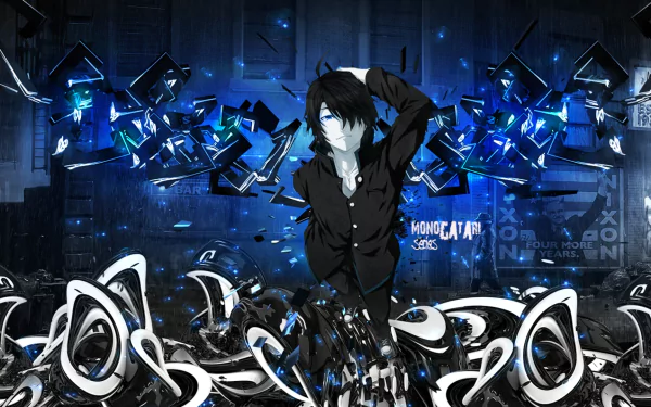 HD PC desktop wallpaper of Koyomi Araragi from Monogatari (Series), anime-style figure in a black shirt amid blue shards and swirling abstract white-black forms.