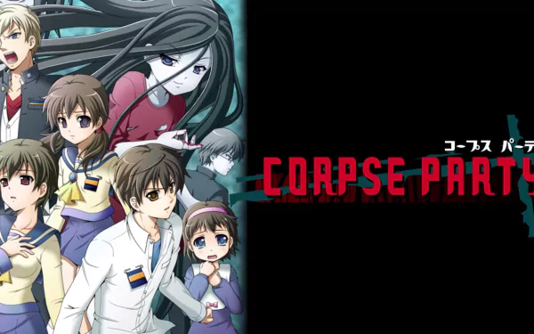HD desktop wallpaper of the anime Corpse Party featuring various characters on the left and the title Corpse Party in red on a black background on the right.