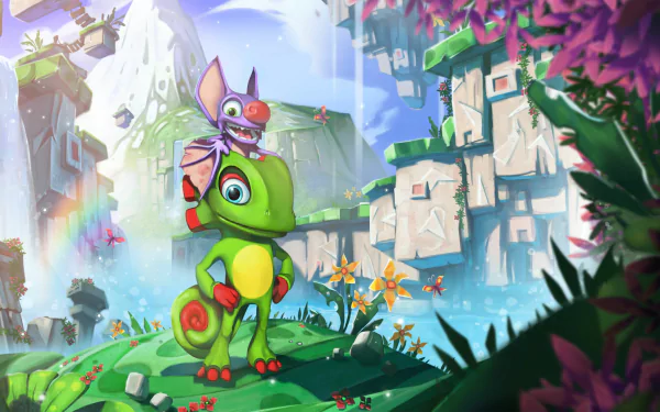 4K Ultra HD PC desktop wallpaper and background: Yooka and Laylee on a sunlit grassy hill overlooking colorful ruins, waterfalls and flowers in vibrant Yooka-Laylee game art.