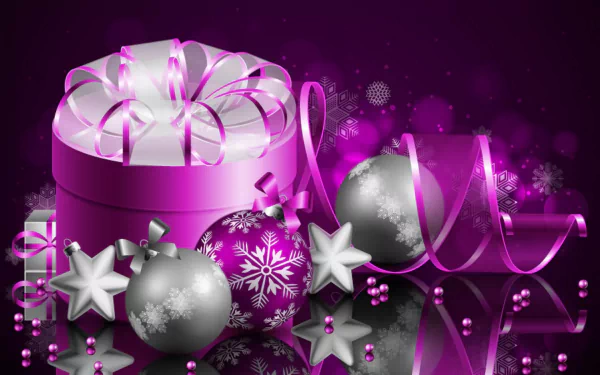 HD desktop wallpaper featuring silver and purple Christmas ornaments, a ribboned gift box, and festive holiday decorations on a vibrant purple background.