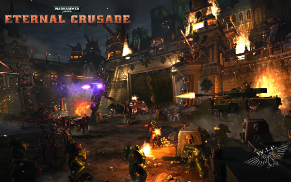 HD desktop wallpaper of Warhammer 40,000: Eternal Crusade featuring intense battle scene and game logo.