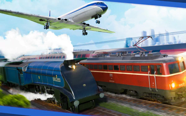 HD desktop wallpaper from Transport Fever, featuring a train and plane representing various modes of transportation.