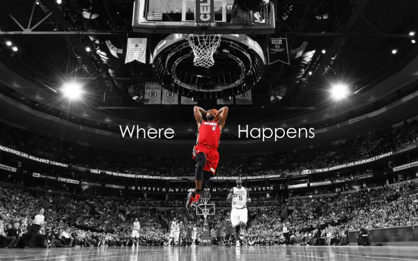 HD desktop wallpaper featuring a black and white basketball court with a highlighted player mid-dunk, with the caption Where Happens.