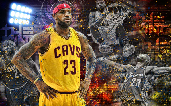 HD desktop wallpaper featuring a dynamic collage of LeBron James in a yellow Cavs jersey with action-packed basketball scenes in the background.
