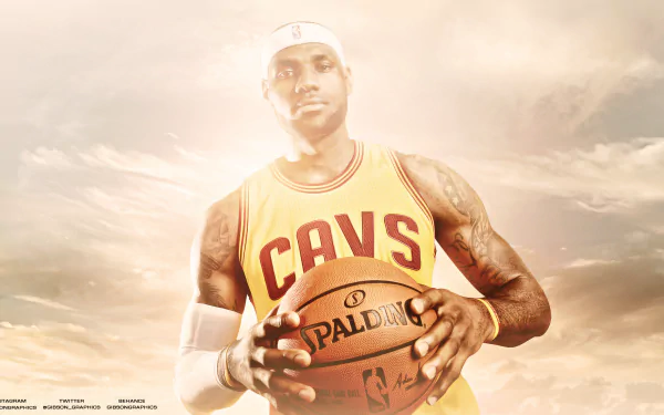 HD wallpaper featuring a basketball player in a yellow Cavs jersey holding a basketball against a dramatic sky background.