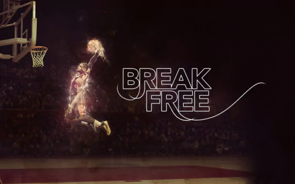 HD wallpaper of a dynamic basketball play with the text BREAK FREE, capturing the essence of an impressive leap towards the basket.