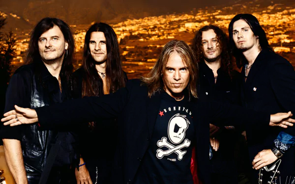 HD desktop wallpaper featuring the heavy metal and power metal band Helloween, with members posing confidently against a lit urban night backdrop.