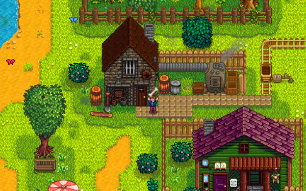 HD desktop wallpaper of Stardew Valley featuring a vibrant farm scene with a character outside a cozy cabin.