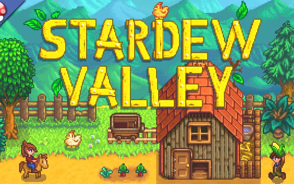HD desktop wallpaper and background featuring Stardew Valley with a farm scene, animals, and game logo.