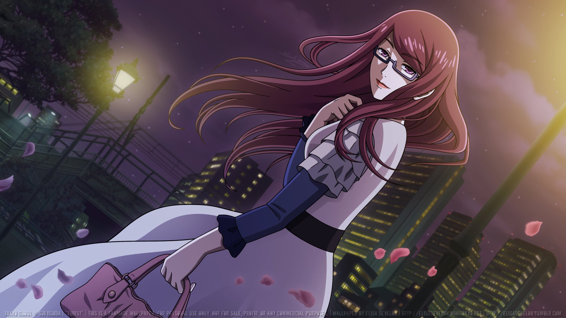 Anime wallpaper featuring Rize Kamishiro from Tokyo Ghoul. She has purple hair, glasses, and pink eyes, wearing a white dress and holding a bag. The background depicts a nighttime cityscape with falling petals.