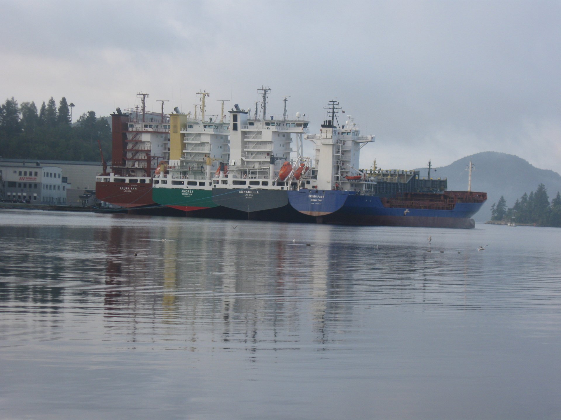 HD desktop wallpaper of a tanker ship docked near a forested shore, with calm water reflecting the vessel and an overcast sky in the background.