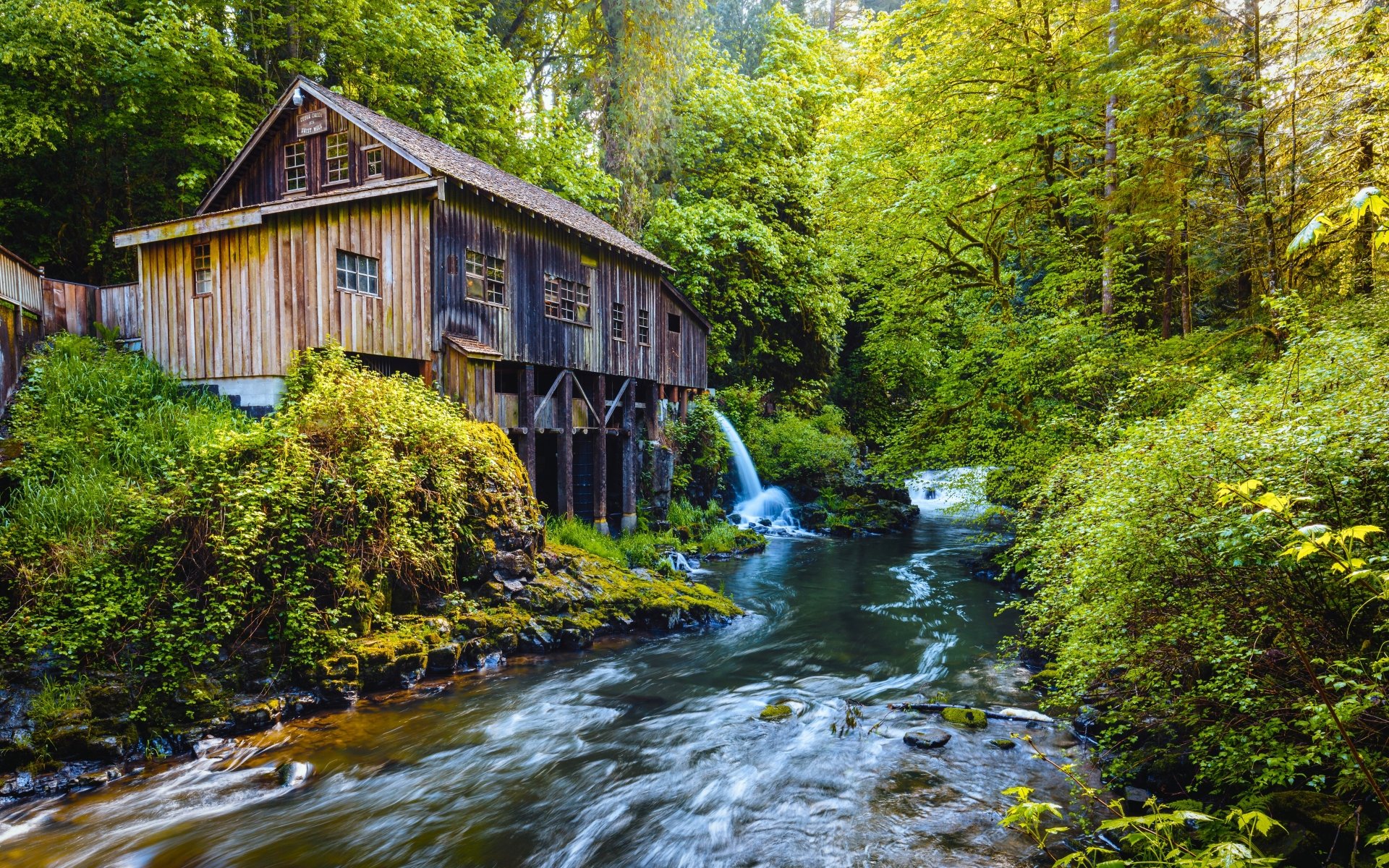 5K Ultra HD PC desktop wallpaper and background: a man-made wooden watermill beside a rushing stream in a verdant forest.