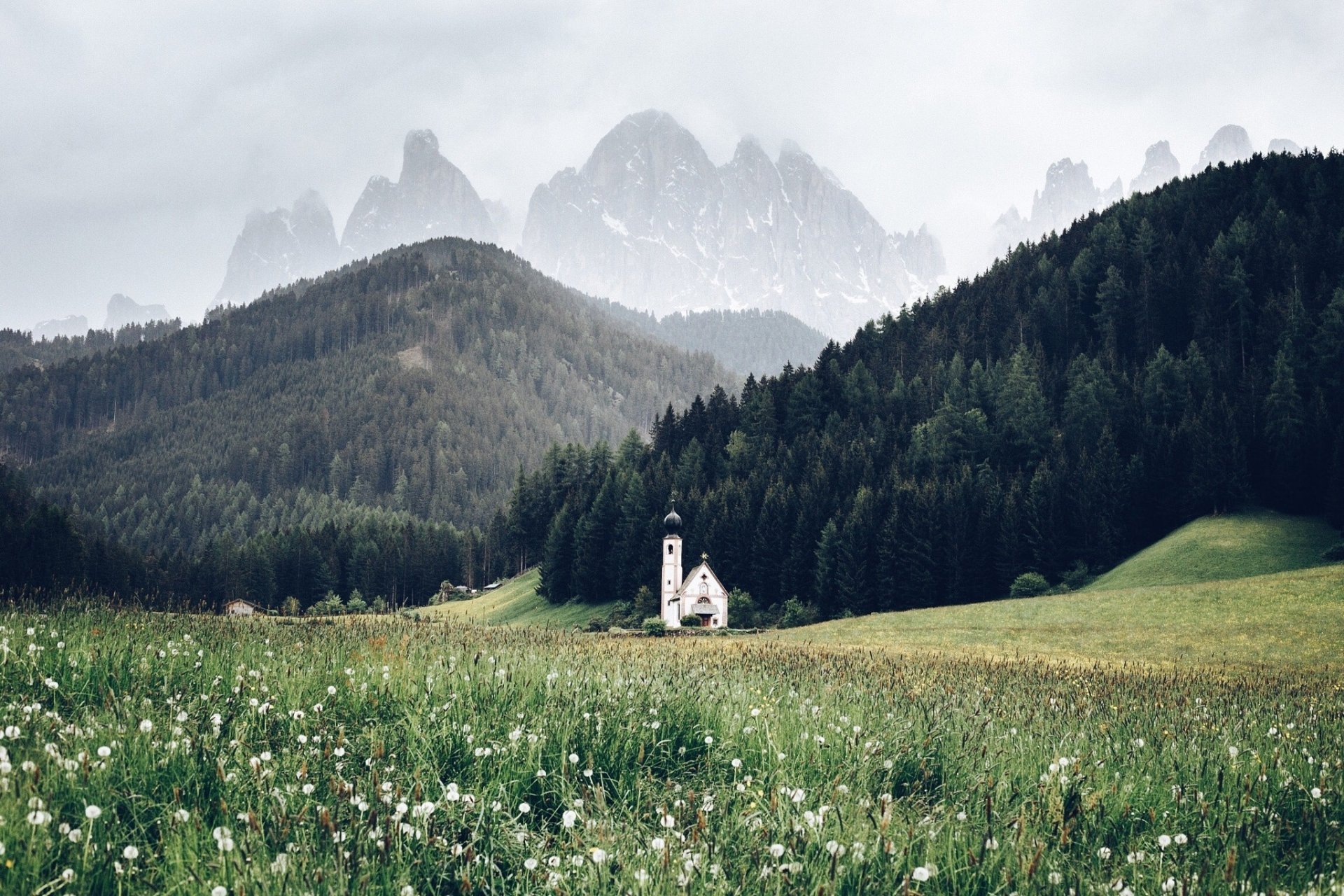HD PC desktop wallpaper — small white alpine church in a wildflower meadow, bordered by dark forest and misty Alps peaks.