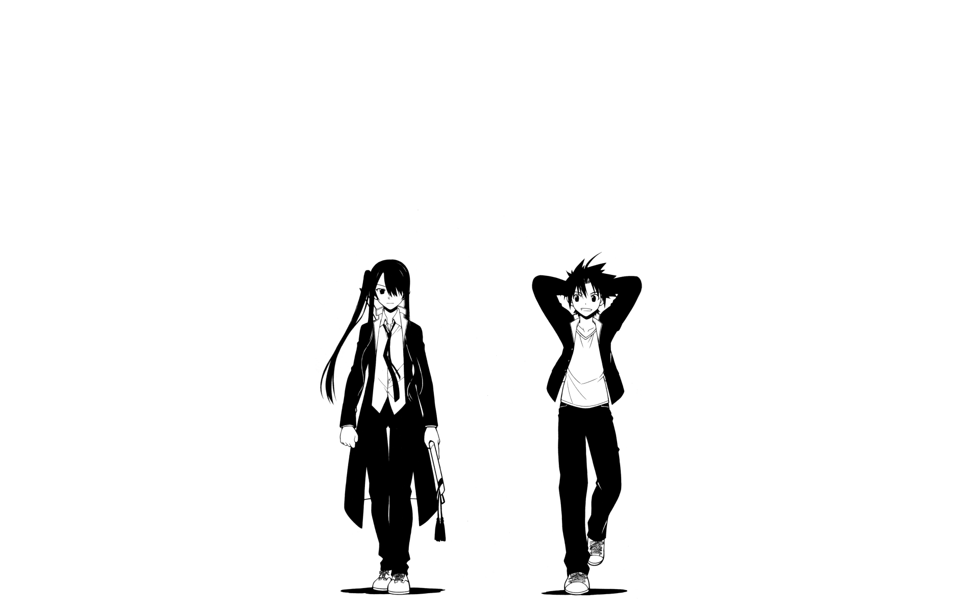 Minimalist black-and-white 5K Ultra HD PC desktop wallpaper and background featuring two UQ Holder! anime characters walking side-by-side on a white canvas.