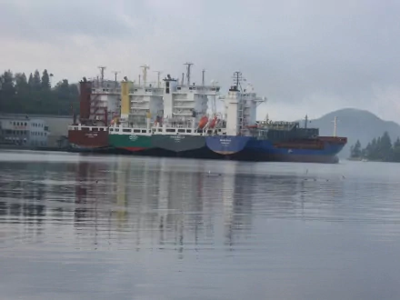 HD desktop wallpaper of a tanker ship docked near a forested shore, with calm water reflecting the vessel and an overcast sky in the background.