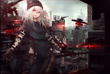 HD anime-style original artwork features a white-haired character in dark clothing with drones flying over a futuristic, dystopian cityscape, designed as a PC desktop wallpaper.