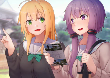HD PC desktop wallpaper of Vocaloid anime characters Maki Tsurumaki and Yuzuki Yukari: two schoolgirls outdoors — a blonde with green eyes pointing and a purple-haired girl holding a map, both smiling.