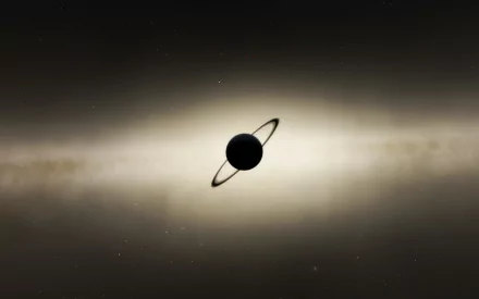 HD PC desktop wallpaper from the Space Engine video game featuring a ringed planet silhouetted against a bright galaxy backdrop.