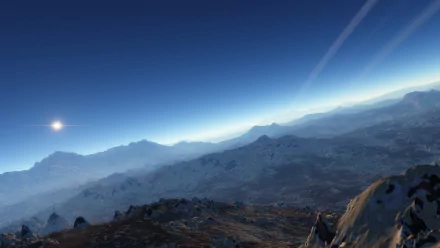 HD desktop wallpaper from Space Engine showing a mountain landscape under a starry sky with a distant planet visible.