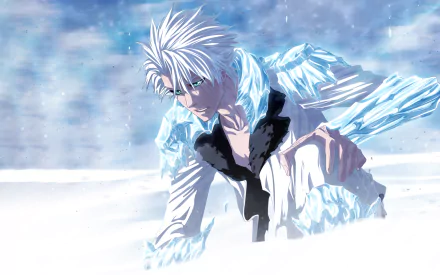 Tōshirō Hitsugaya from the anime Bleach, depicted in an HD wallpaper, is surrounded by a snowy landscape, showcasing his icy aesthetic and intense expression.