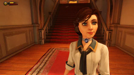 HD PC desktop wallpaper of the video game BioShock Infinite: Elizabeth stands in a warm-lit mansion hallway by a red-carpeted staircase, detailed game artwork.