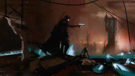 HD PC wallpaper featuring Death Gun from Sword Art Online II, set in a dark, dystopian anime cityscape with a dramatic and intense atmosphere.