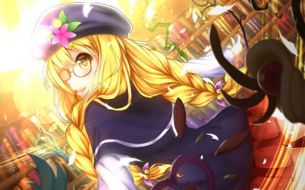 HD PC desktop wallpaper featuring a bright, detailed anime character from UQ Holder! with long blonde hair, glasses, and a beret adorned with a flower.